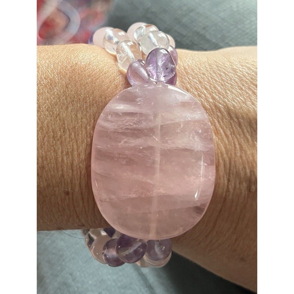 Rose Quartz Amethyst Clear Quartz Gemstone Bead Bracelet Large Statement Stone